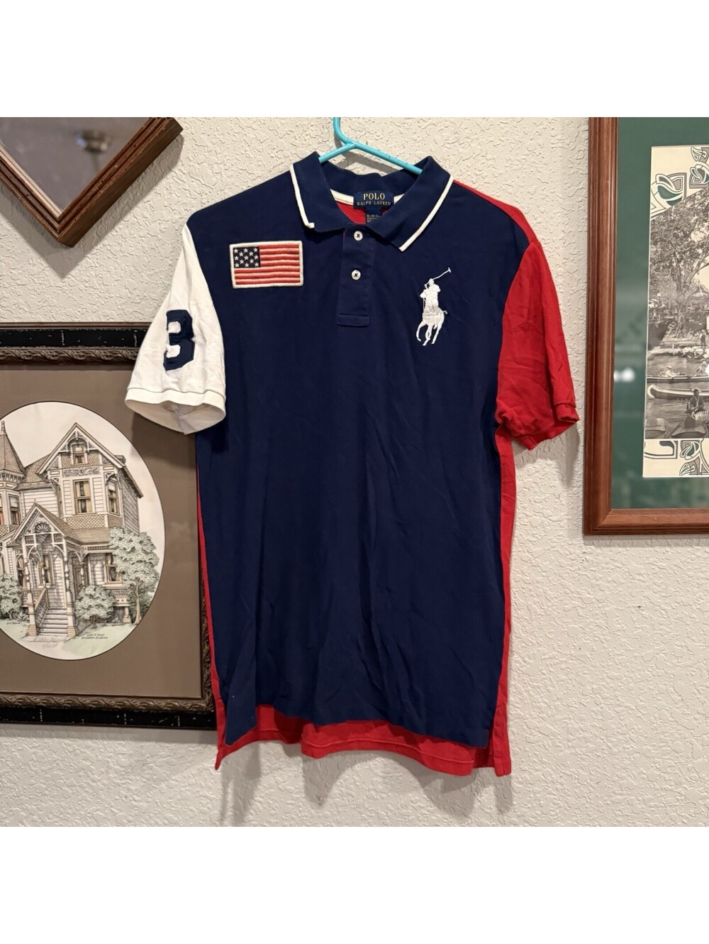 Vintage 00s Polo Ralph Lauren Big Pony USA Flag Polo Shirt Boys XL Mens Medium